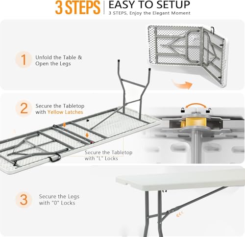 8FT Heavy Duty Folding Table,Fold-in-Half Portable Plastic Utility Table with Carry Handle&Locking Legs,Indoor Outdoor Table for Watch Party,Tailgate,BBQ,Camping,Events,Backyard Dining–White - color: White, size: 8FT