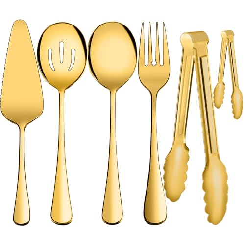 Serving Utensils, XEVOM 6-Piece Stainless Steel Serving Utensil Set Include Serving Spoon, Slotted Serving Spoon, Serving Fork,Serving Tong, Appetizers Tong,Pie Server(Gold) - color: Gold