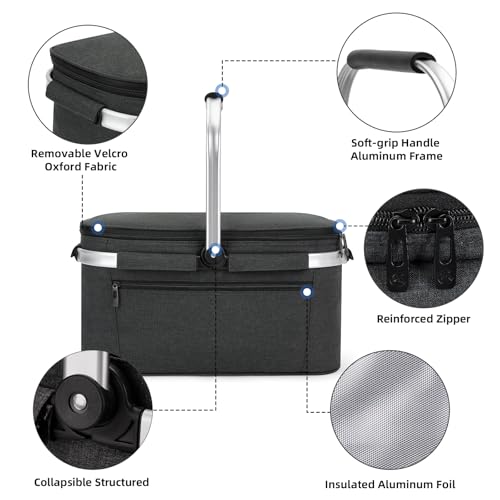 ALLCAMP Picnic Basket - 2 Ice Box Included 32L Insulated Cooler, Thickening Foldable Picnic Basket with Removable Baskets & Sewn-in Frame, Basket for House Warming Gifts New Home(Black) - color: Black, size: Large