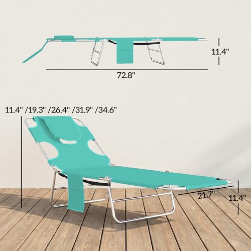 Outsunny Chaise Lounge Chair Outdoor with Face Arm Hole, 5-Position Reclining Face Down Tanning Chair with Carry Strap, Side Pocket, Portable Folding Bed Cot for Patio Beach Pool, Light Green - color: Light Green, size: 1 Piece