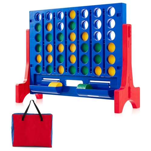COSTWAY Giant 4-in-a-Row Game with Storage Carry Bag, Jumbo 4-to-Score Game with Chess, Quick Release Slider for Kids Adults, Indoor Outdoor Backyard Game Set, Free-Standing/Wall-mounting (Blue) - color: Blue