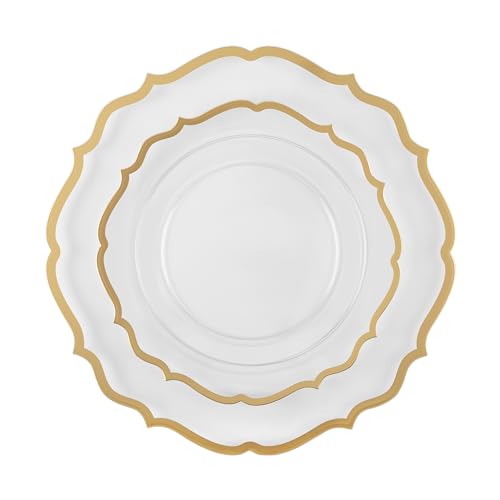 PLASTICPRO 32 Pack Elegant Disposable Plastic Plates Combo Set Includes 16 Dinner Plates and 16 Salad Plates Heavy Duty Fancy Party Plates Clear & Gold Contemporary Design - color: Clear & Gold Contemporary