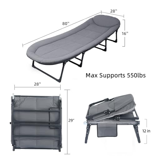 SnozeFlex Chaise Lounge Chair, Folding Cot, 6-Angle Adjustable Camping Cot with Mattress for Patio and Beach, Foldable Bed Portable Heavy Duty Lay Flat Reclining with Pillow (Grey, XL - 80")