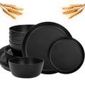 EI 12pcs Wheat Straw Dinnerware Set of 4,Plates and Bowls Sets,Plastic Plate Reuasble Unbreakable,Heavy Duty Plastic Plates for Camping,Picninc,Family Dinner - color: Black Wheat Straw Plates and Bowls