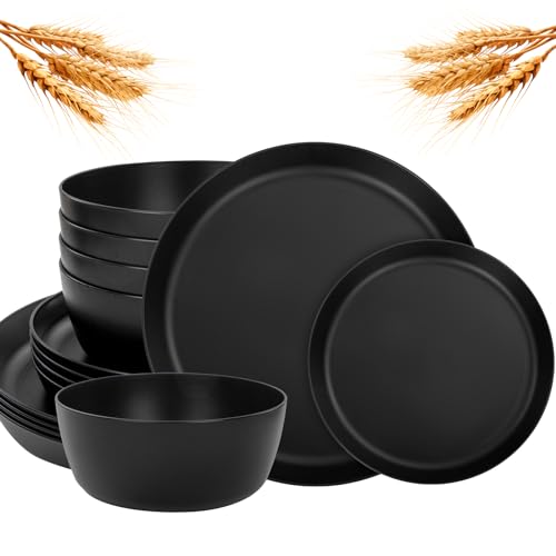 EI 12pcs Wheat Straw Dinnerware Set of 4,Plates and Bowls Sets,Plastic Plate Reuasble Unbreakable,Heavy Duty Plastic Plates for Camping,Picninc,Family Dinner - color: Black Wheat Straw Plates and Bowls