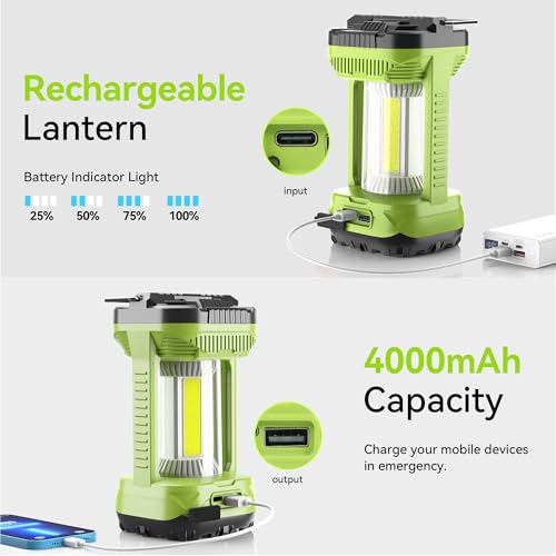 AlpsWolf Camping Lantern Rechargeable, 4000LM LED Lanterns for Power Outages, 4600mAh Super Bright Portabl Lantern & Lights for Emergency, Hurricane, Camping - style: Green-2 pack