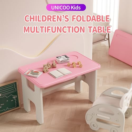 UNICOO Kids Folding Table, Toddler Activity Table for Study, Snack, Art Craft and Play, Portable Plastic Children's Table for Small Spaces, Home and Playroom - color: Pink