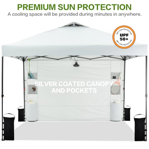 Tunbne 12'x12' Pop Up Canopy Tent with 1 Sidewall and 6 Pockets, One Push Setup, Instant Shade Tent with Vented Roof for Beach Patio Outdoor, Case, 8 Stakes, 4 Ropes, 4 Sandbags (White, 12x12) - color: White, size: 12x12