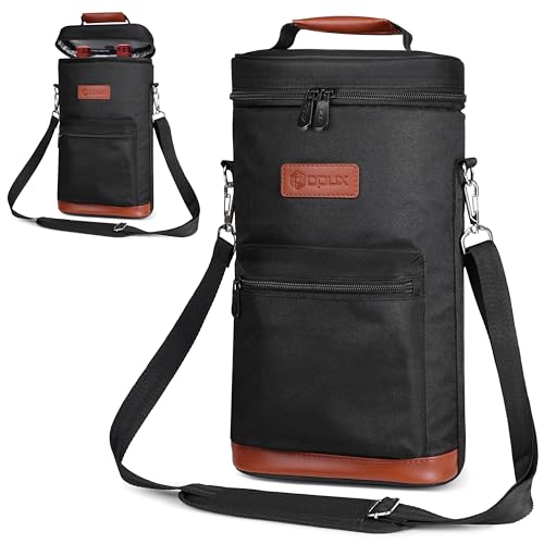 opux Wine Bag 2 Bottle Wine Tote Carrier, Insulated Wine Cooler Bag for Travel Picnic, Leakproof Portable Bottle Padded Case, Wine Gifts For Women Men Wine Lovers Christmas, Black - color: Solid Black