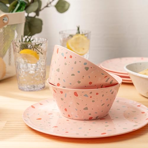 Bzyoo 12-Piece Melamine Dinnerware Set - Confetti Pink Plates and Bowl Lightweight BPA-Free Dishwasher Safe Dish Set for Indoor & Outdoor Use - Perfect for Camping, BBQs, Kids Parties - color: Pink Confetti