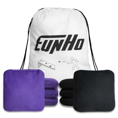 EunHo Cornhole Bags Set of 8 Regulation Size & Weight Corn Hole Bean Bags Official Professional All Weather for Tossing Game with Carry Case - color: Black/Purple