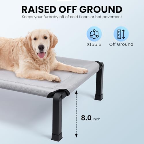 Heeyoo Elevated Dog Bed, Cooling Raised Pet Cot with Chew Proof Mesh Fabric and Steel Frame, Portable Dog Cot Bed with No-Slip Rubber Feet for Outdoor Indoor Use - color: Grey, size: 60"L x 37"W x 8"H