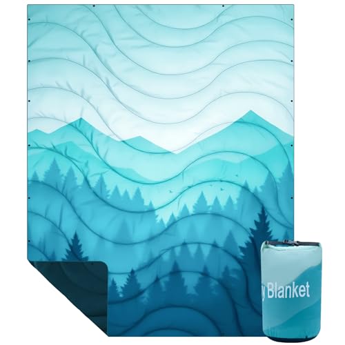 Camping Blanket, Waterproof Outdoor Blankets for Sleeping Packable Ultralight Puffy Camping Quilt for Hammock Hiking Picnic Stadium Beach Cold Weather 55"x78.8" - color: Cyan Mountain Blanket