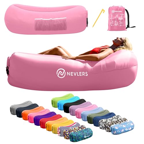 Nevlers Bubblegum Pink Inflatable Lounger | No-Pump Air Couch | 210T Polyester Outdoor Couch for Use as Portable Hammock & Beach Chairs | Blow Up Chair w/ 450 lbs. Capacity, Pockets, & Carry Bag - color: Bubblegum, size: 1 Pack