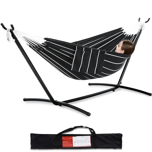 PNAEUT Double Hammocks with Stand for Outside, Portable Space Saving Heavy-Duty Steel Stand for Indoor Outdoor Patio with Carrying Bag, 450 lbs Capacity (Chasm) - color: Chasm