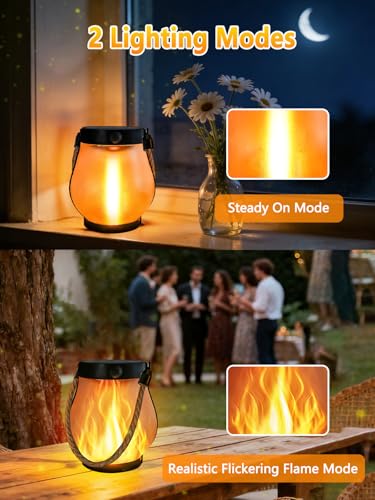 2 Pack Solar Lights Outdoor Waterproof, Solar Lantern with Dancing Flame, 2 Lighting Modes, Dual Charging USB & Solar Powered, with Hanging Rope Handle for Patio Yard Camp Garden Tree Tabletop Decor - size: 2 PK
