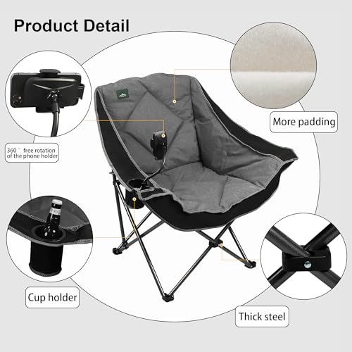 Northroad Oversized Foldable Camping Chair with Cell Phone Holder,Outdoor Padded Lawn Chair w/Cup Holder,Carry Bag for Beach, Hiking, and Picnics,Heavy-Duty 300-lbs Capacity, Black - color: Black With Phone Holder