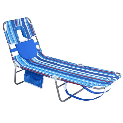SUNNYFEEL Beach Lounge Chair, Backpack Reclining Beach Chairs Lay Flat, Sun Face Down Tanning Chair, Folding Camping Chairs Portable Camp Cot with Backpack Straps for Outdoor/Picnic/Lawn - color: Blue Stripe, size: Standard -1pcs