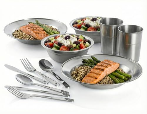 Unique Complete Messware Kit Polished Stainless Steel Dishes Set| Tableware| Dinnerware| Camping| Includes - Cups | Plates| Bowls| Cutlery| Comes in Mesh Bags - style: 2 Person Set Blue