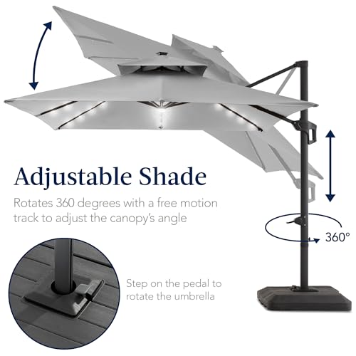 Best Choice Products 9x12ft LED Cantilever Patio Umbrella w/Base Included & 360° Rotation, Large Solar Offset Hanging Outdoor Sun Shade for Deck, Backyard Table w/Stand & Lights – Fog Gray - color: Fog Gray, size: 9x12ft