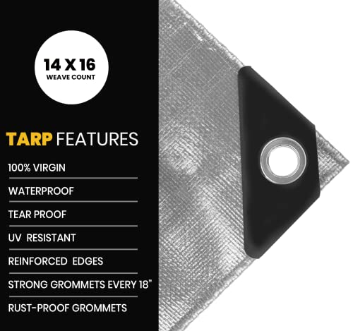 Extra Heavy Duty 16 Mil Tarp Cover, Waterproof, UV Resistant, Rip and Tear Proof, Poly Tarpaulin with Reinforced Edges for Roof, Camping, Patio, Pool, Boat. (Silver/Black 6′ X 8′) - color: Silver/Black-16 Mil, size: 6′ X 8′