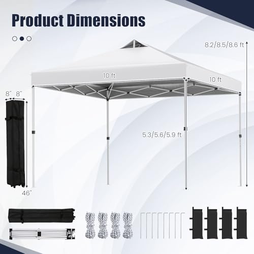 Tangkula 10 x10 Ft Pop Up Canopy with Center Lock, UPF 50+ One-Button Setup Outdoor Canopy Tent with Roller Bag, 4 Sand Bags, Heavy-Duty Steel Frame, 8 Stakes, 4 Ropes for Camping, Picnic - color: White