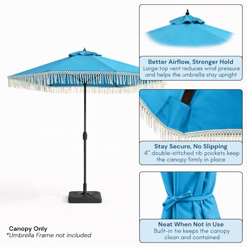 Formosa Covers 9ft 8-Rib Boho Replacement Umbrella CANOPY ONLY with Tassel Fringe Valance — Olefin Fabric, UV-Treated, Fits Market Patio Frames - color: Tassel Capri Blue