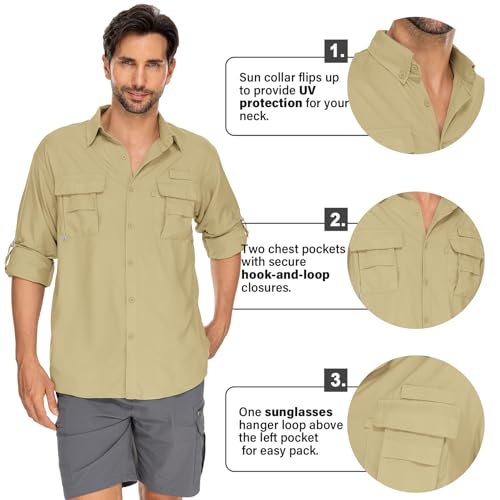 Mens Safari Shirts Long Sleeve UV Protection Hiking Fishing UPF 50+ Quick Dry Camping Travel Shirts - color: Mud, size: Large