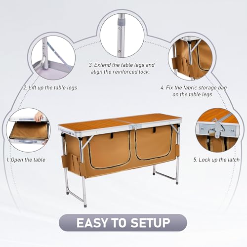VINGLI 4 Ft Folding Table, Aluminum Camping Table, Picnic Table with Storage, Adjustable Height for Outdoor Beach BBQ Backyards Travel Party (Brown) - color: Brown