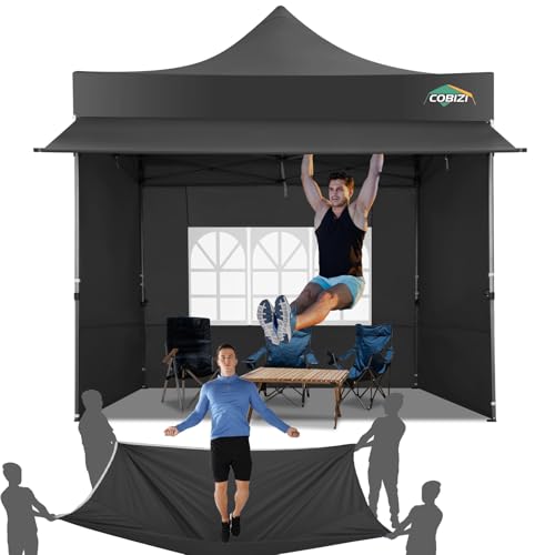 COBIZI 10x10 Pop Up Canopy Tent with Awning & Sidewalls, Heavy Duty Commercial 10X10 Canopy Tents Instant Waterproof, UPF 50+ Sun Shade for Outdoor, Parties, Markets (Black) - color: Black, size: 10x10FT with 3 Sidewalls & 1 Awning Cloth