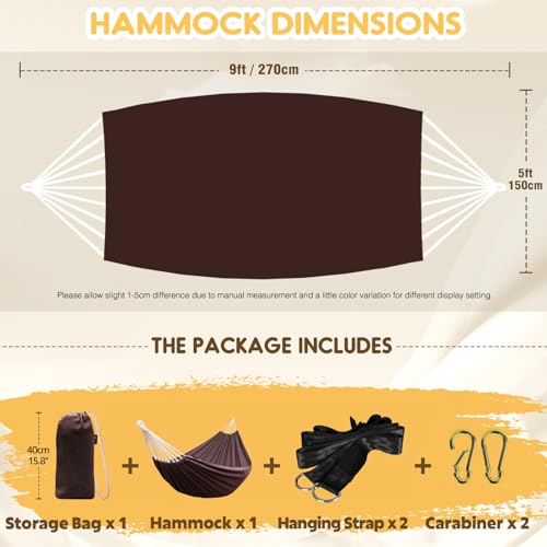 ANYOO Cotton Hammock Portable Camping Hammocks for Hanging Sturdy Garden Comfortable Fabric Hammock with Tree Straps Up to 660lbs with Travel Bag for Camping Outdoor/Indoor Patio Backyard - color: Brown