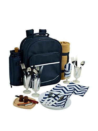 Picnic at Ascot - Deluxe Equipped 4 Person Picnic Backpack with Cooler, Insulated Wine Holder & Blanket - Chevron Blue - color: Navy/White With Chevron