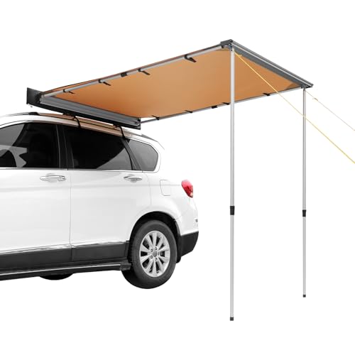VEVOR Vehicle Awning 6.6'x8.2' Roof Rack Pull-Out Sun Shade UV50+ PU3000mm, Retractable Weatherproof 4x4 Side Awning for SUV Outdoor Camping & Overland (Hardware Included), w/Waterproof Storage Bag - color: Khaki 6.6X8.2ft Car Awning