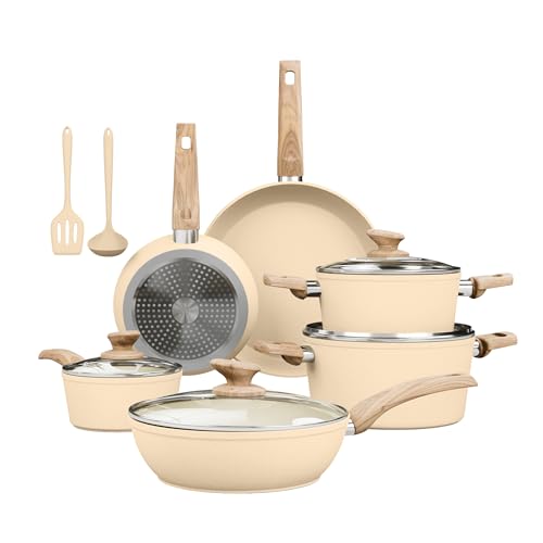 Kitchen Academy 12-Piece Induction Cookware Set, Nonstick Granite Pots and Pans in Beige - color: Beige, size: 12 PCS Cookware Set