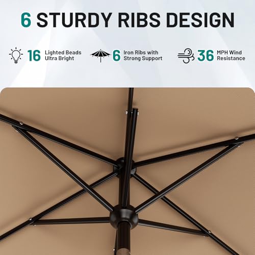 AreShark 6.5' x 10' Rectangular Patio Umbrella with Solar Lights, Solar Powered Lighted Market Umbrella w/Tilt and Crank, Outdoor Table Umbrella for Garden, Deck, Backyard, Pool and Beach, Beige - color: Beige, size: 6.5 X 10 FT
