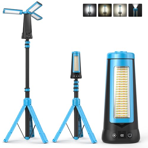 Rechargeable Camping Light with Stand 7ft Max Height, 15000mAh Portable Cordless LED Work Light, 5500 Lumen 6500/4500/3500K Dimmable Emergency Flashlight with Detachable Tripod, Blue - color: Blue