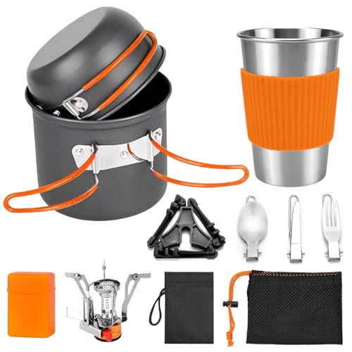 aiGear 8pcs Camping Cookware Mess Kit, Camping Pot and Pan Set with Mini Backpacking Stove, Stainless Steel Cup, Spork and Tank Bracket, Cooking Gear for Hiking Camping Outdoor Picnic - color: Orange