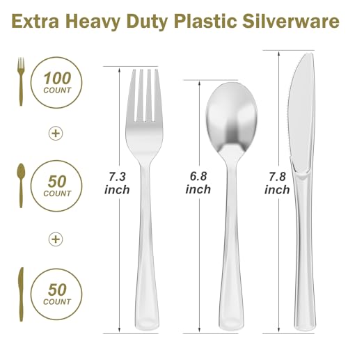 Dealusy 200 Count Heavy Duty Silver Plastic Silverware, 100 Forks, 50 Spoons, 50 Knives, BPA-Free, Heat Resistant, Disposable Plastic Utensils Set Cutlery Set, Plasticware Bulk - color: Silver