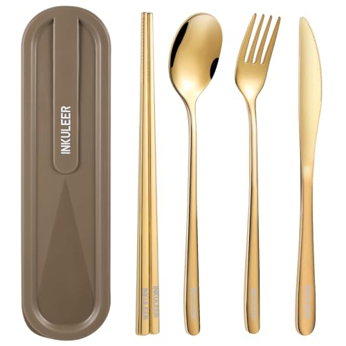 Travel cutlery set, 18/8 stainless steel cutlery, Reusable utensils set with case, Portable Silverware Lunch Box for Camping and Office (Rose Gold/knife set) - color: Rose Gold