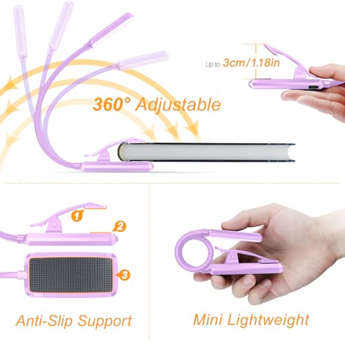 Gritin 9 LED Rechargeable Book Light for Reading in Bed - Eye Caring 3 Color Temperatures,Stepless Dimming Brightness,80 Hrs Runtime Small Lightweight Clip On Book Reading Light for Studying-Purple - color: Purple