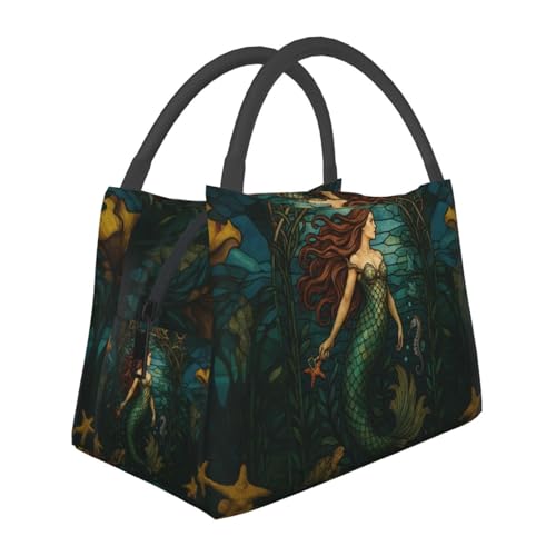 Retro Mermaid Reusable Lunch Box,Underwater Ocean Seahorse Turtle Lunchbox for Women Sea Lovers,Insulated Lunchbag,11in*6.3in*6.7in,Gifts Makeup Bag,Portable Handbag for Picnic Work Travel - color: Mermaid