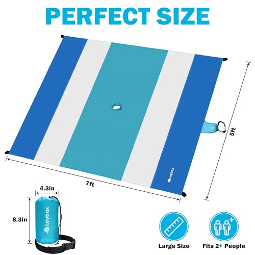 Blue Beach Blanket with Umbrella Hole 7ftx5ft- Water Resistant, Sandproof, Lightweight, Rip-Stop Nylon with Umbrella Hole & Sand Pockets, Camping Essentials, Beach Canopy Compatible - color: Blue, size: 7x5