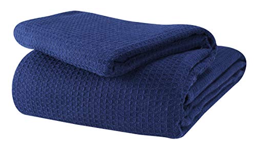 Glamburg 100% Cotton Thermal Bed Blanket, Soft Waffle, Queen Size, All Season, Navy Blue - color: Navy Blue, size: Queen (90"x90")