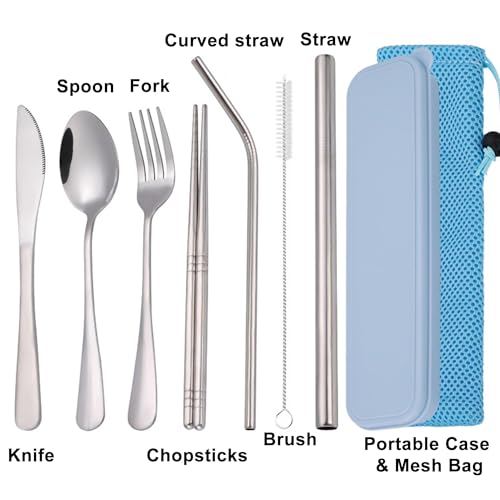 Travel Utensils with Case, Cutlery Set Portable Camp Reusable Flatware Silverware, 7 Pcs Stainless Steel Reusable Cutlery Set, Include Fork, Spoon, Knife, Chopsticks, 2 x Straws & Straw Cleaner Brush - color: Blue
