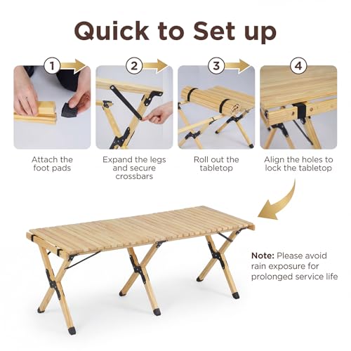 GYMAX 48 Inch Folding Camping Table, Roll-Up Pine Wood Picnic Table with Carry Bag, Portable Lightweight Low Beach Table for BBQ, Party, Backyard Camping