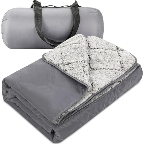 Tranqun Large Outdoor Blanket 78'' x 55'' Quilted Windproof Waterproof Gray Fleece Sandproof Stadium Foldable Warm Blanket for Camping Picnic Sporting Events Cold Weather
