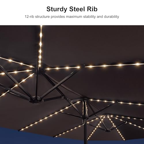 PURPLE LEAF 13ft Patio Market Umbrella with Solar LED and Base Double-Sided Rectangle Outdoor Table Sun Umbrellas with Crank for Pool Beach Deck Backyard Gray - color: Gray, size: 13' X 7' with Lights