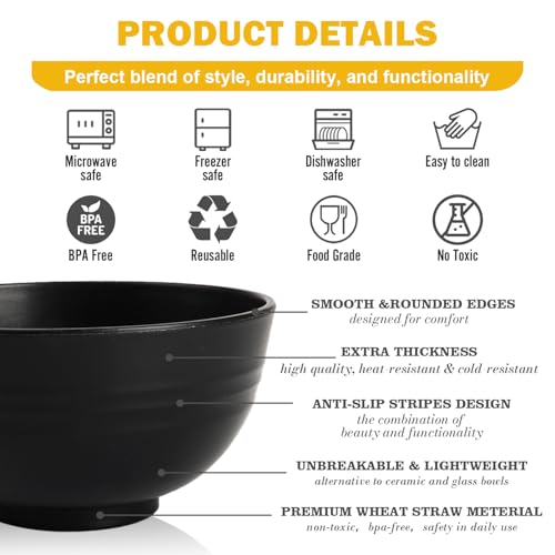 Wheat Straw Small Bowls Set of 6, Unbreakable 10 OZ Mini Dessert Bowls, Snack Bowl for Kitchen, Picnic, Microwave & Dishwasher Safe Bowl Set for Ice Cream, Fruits, Appetizer, Black - color: Black, size: 10 Oz