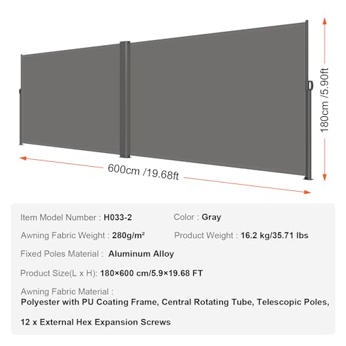 VEVOR Retractable Side Awning, UV 50 71''x 236'' Full Aluminum Rust-Proof Patio Sunshine Screen, 280 g Thicken Privacy Divider & Wind Screen for Courtyard, Balcony, Roof Terraces and Pools, Gray - color: Gray, size: 71''*236''