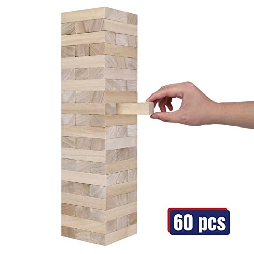 GOTHINK Giant Tumble Tower Game, Large Tumbling Tower Stacking to Over 3.2 FT 60pcs Wooden Jumbo Blocks for Outside Yard Games w/Carry Case Timber Stacking Game Night Toy Gift for Kids Adults Family - size: M-Over 3.2FT